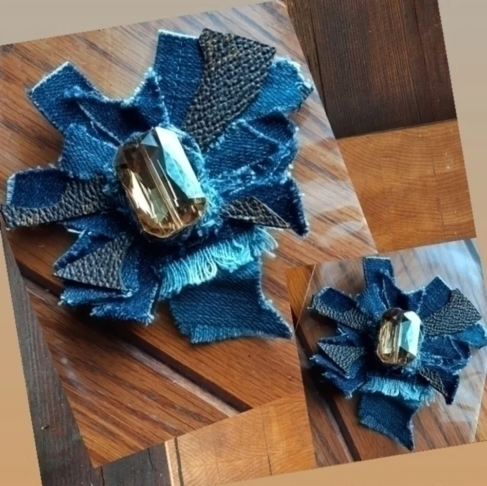 Tasty Raw Edge Denim Coco Gem Badge Brooch